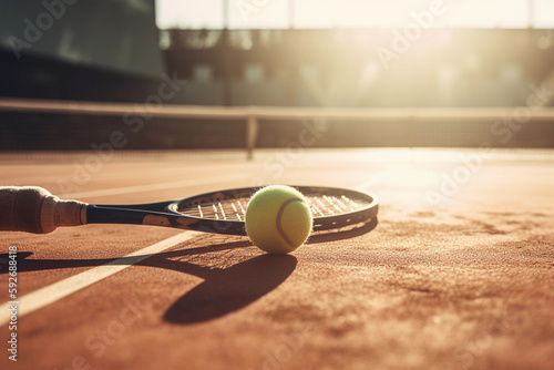 A tennis racket on a tennis court with the sun shining on it AI generation © Ulia