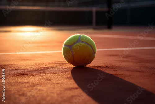 A tennis ball on a tennis court in the evening AI generation
