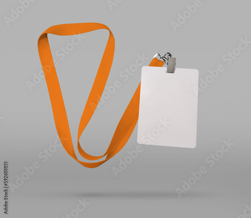 Plastic badge. ID card with orange ribbon. Template designed for employees and guests of company. Can be used for show, events, concerts and performances. Or for speakers and organizers.