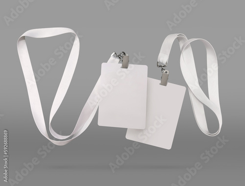 Plastic badge. ID card with white ribbon. Template designed for employees and guests of company. Can be used for show, events, concerts and performances. Or for speakers and organizers.