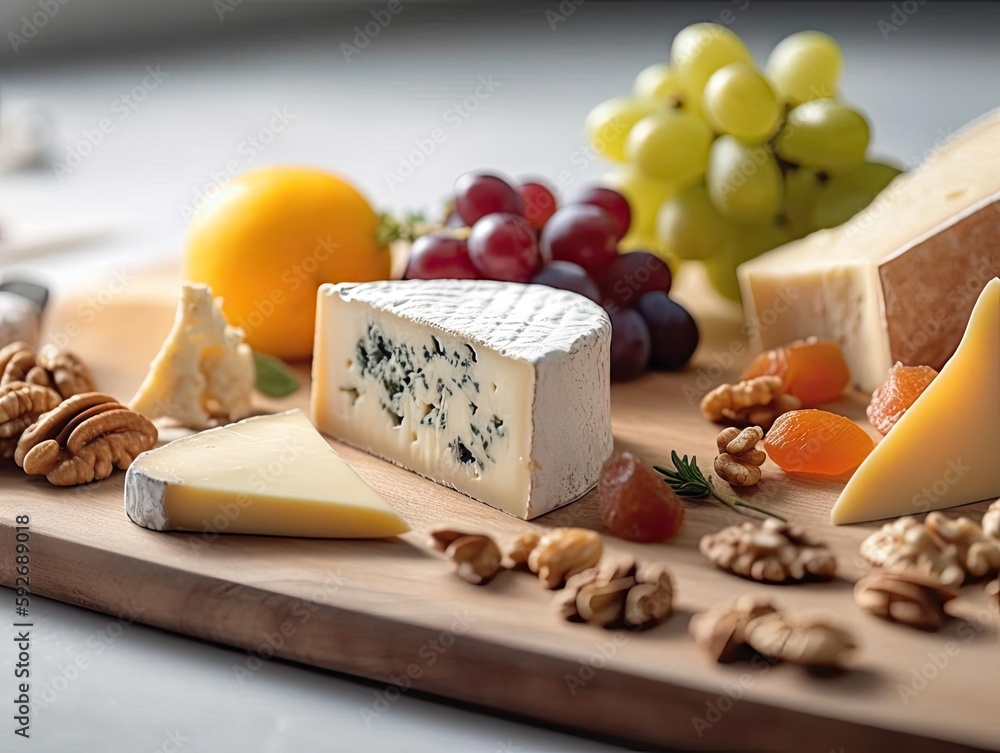Close-Up of a Gourmet Cheese Board with Various Types of Cheese, Presented Beautifully.