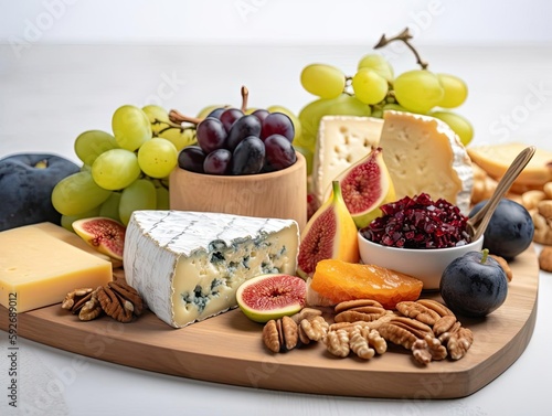 Close-Up Shot of Gourmet Cheese Board with Different Types of Cheese, Accompaniments, and Decoration