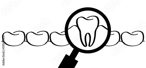 For dental day, dentists day. Cartoon healthy, magnifying glass showing tooth in-gums. Vector drawing icon. Damage teeth or tooth with caries and with roots visible. Cracked, damaged logo