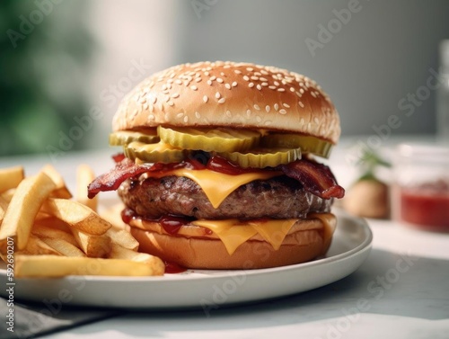 Close-Up of Juicy Bacon Cheeseburger with Crispy Toppings.