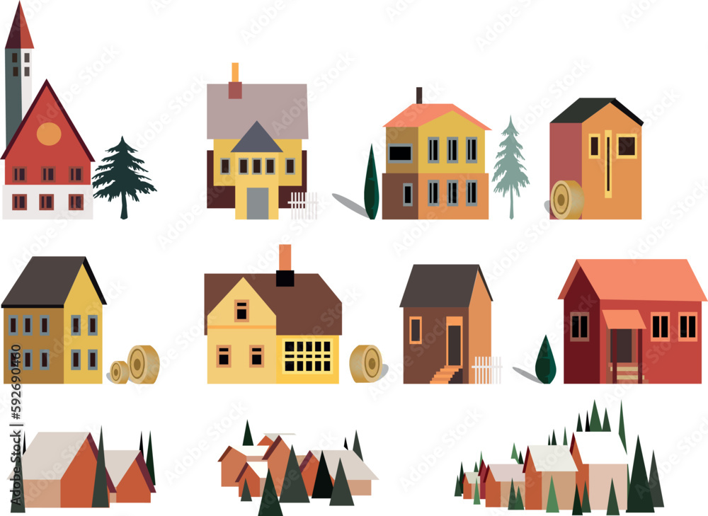  Cute town and village buildings, houses and cottages. Cartoon city architecture, farm and light house vector set. Illustration of town and village houses