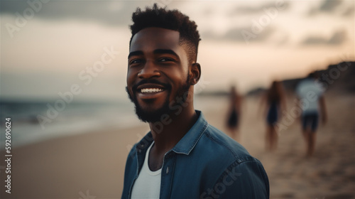 portrait of a black man with long afro hair standing on the beach, nice light sunrise sunset, generative AI