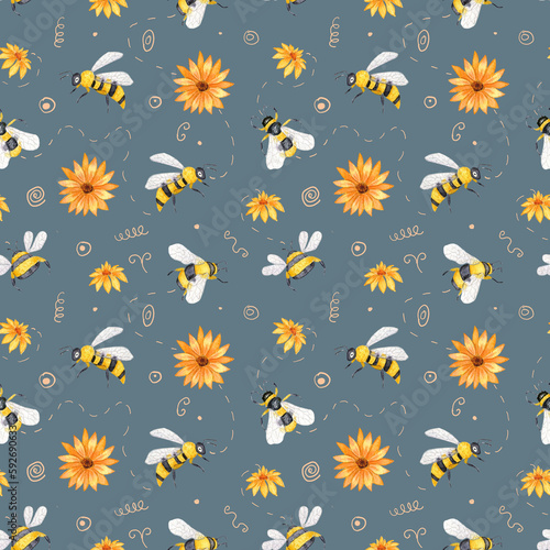Apiculture. Watercolor seamless pattern with bees and field flowers. Design for wallpaper  textiles and more. On white background.