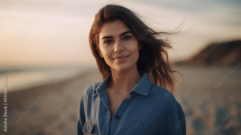 portrait of a white woman with long hair standing on the beach, nice light sunrise sunset, generative AI portrait of a white woman with long hair standing on the beach, nice light sunrise sunset, generative AI