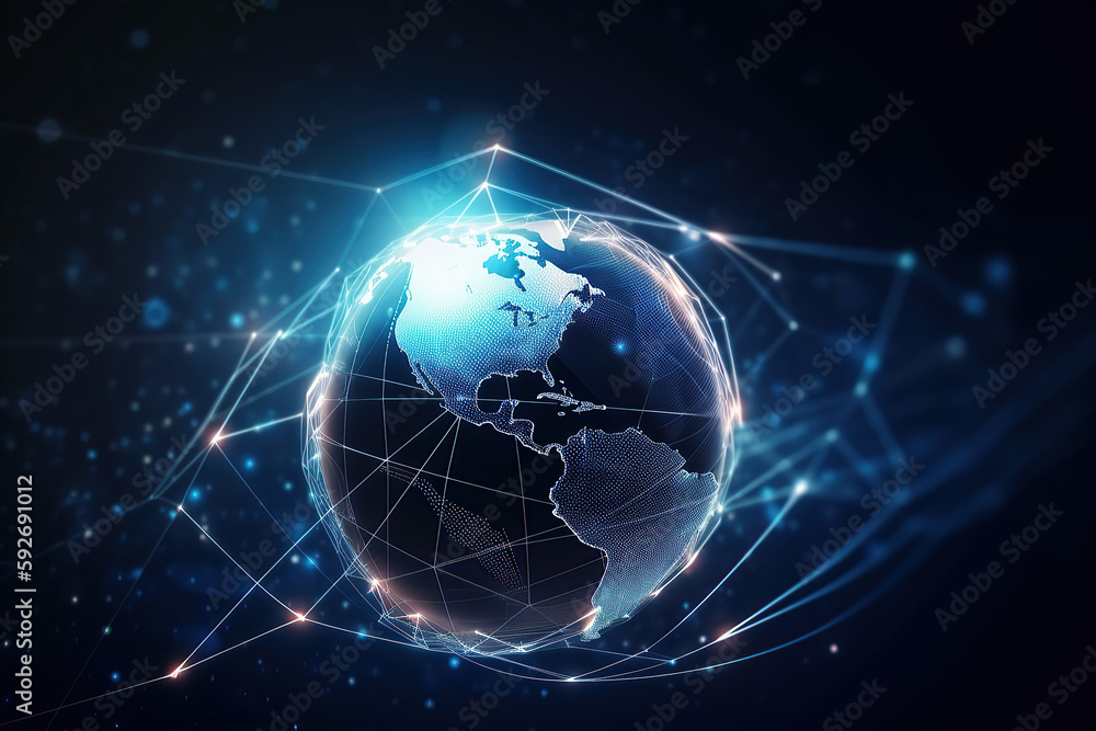 Global world network, Communication technology for internet business. Telecommunication connection on earth, cryptocurrency and blockchain and IoT, created with Generative AI