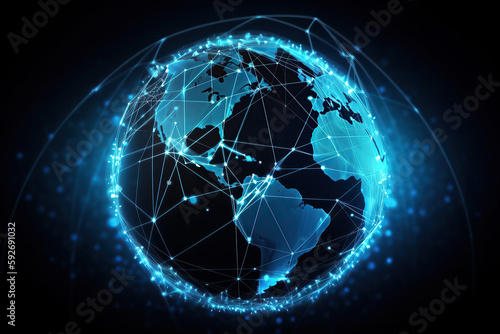 Global world network, Communication technology for internet business. Telecommunication connection on earth, cryptocurrency and blockchain and IoT, created with Generative AI © Nacci