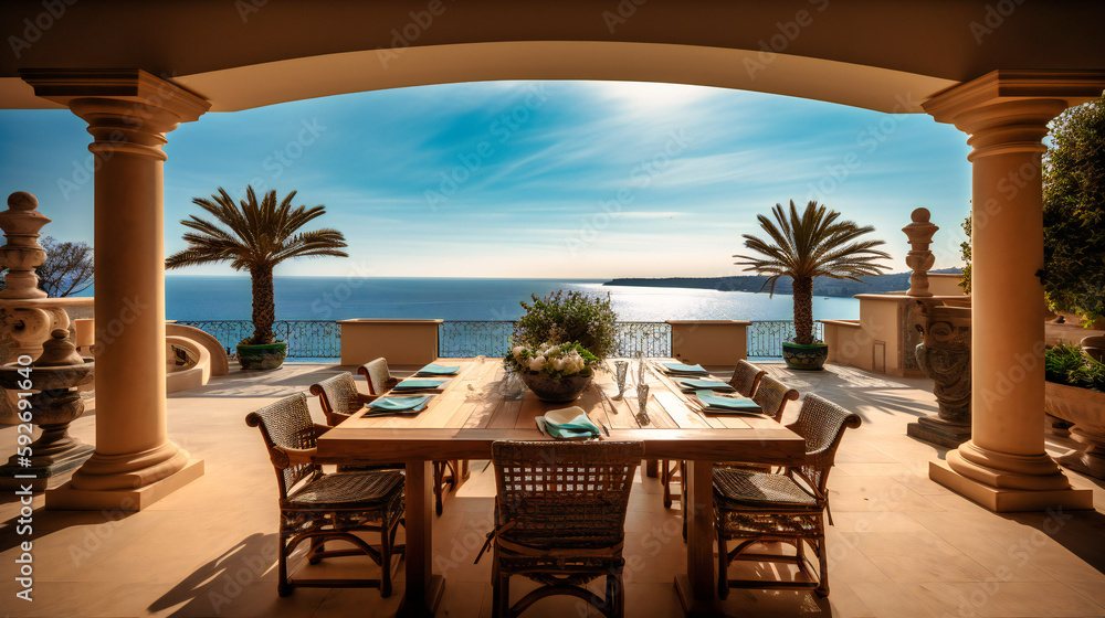 An exquisite image of a sophisticated terrace dining area, providing an inviting and luxurious space for enjoying a meal with a stunning ocean view