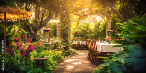 An enchanting, elegant outdoor dining area surrounded by lush gardens and blooming flowers during summer