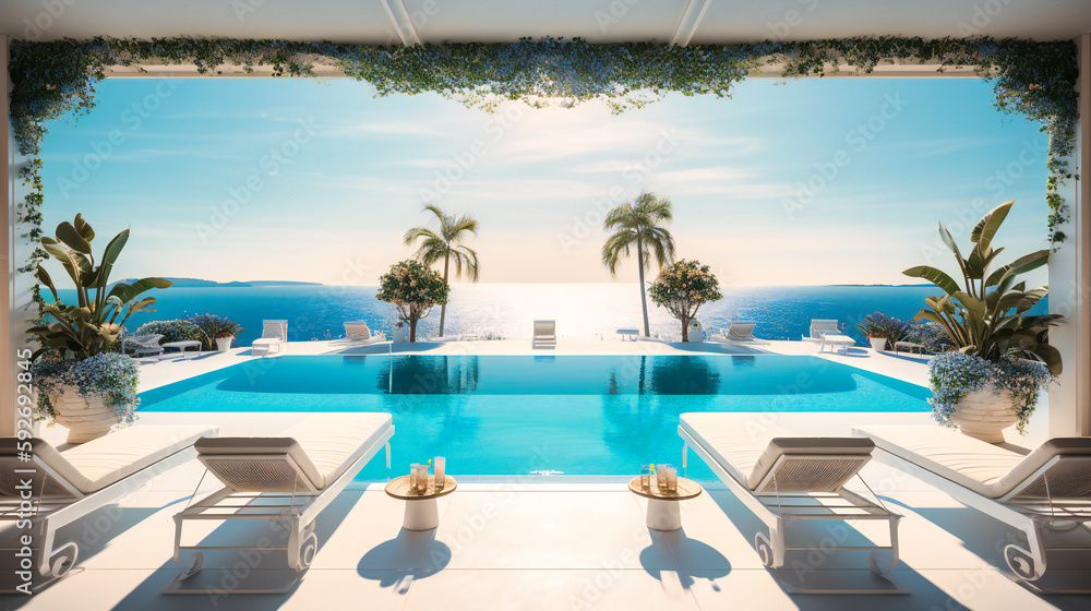 A captivating image of a chic poolside lounge area, offering a perfect blend of lavish design and awe-inspiring ocean views for an unforgettable summer experience