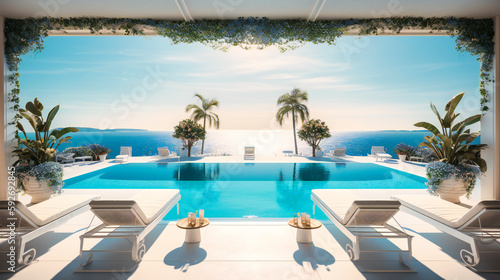 A captivating image of a chic poolside lounge area, offering a perfect blend of lavish design and awe-inspiring ocean views for an unforgettable summer experience