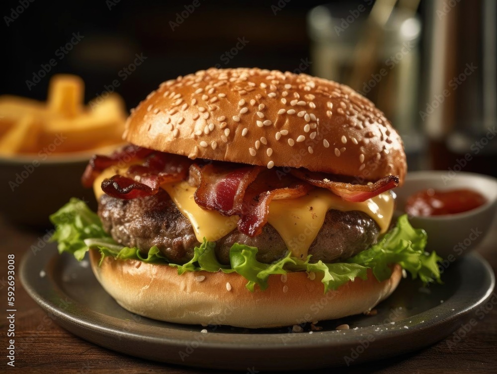 A delicious burger, close-up, golden bun, mouth-watering. A delicious burger, close-up, golden bun, mouth-watering.