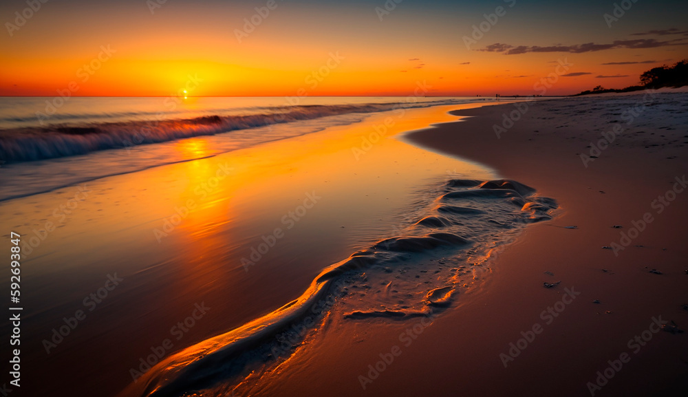 stylish red-orange sunset on the seashore or ocean created with Generative Ai technology