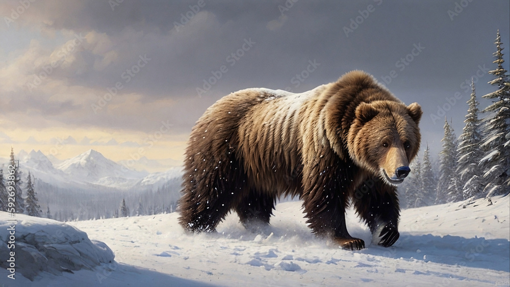 Digital drawing of a brown bear in winter, generative AI Digital drawing of a brown bear in winter, generative AI