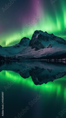 Beautiful Northern Lights above mountain and river. Generative AI © Natee Meepian