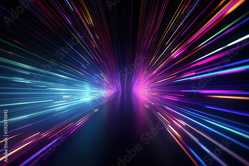 Speed of digital lights, Neon glowing abstract rays and stars in motion, Futuristic technology, Cosmic hyperspace moving through stars. 3D render illustration, created with Generative AI © Nacci
