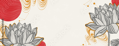 Freehand of a lotus with thin graceful lines against and red Enso moon. Lotus flower luxury design template frame.