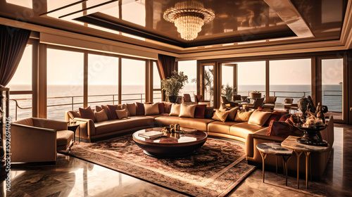 A stunning image of a lavish villa interior  showcasing spacious design  contemporary furnishings  and breathtaking ocean views