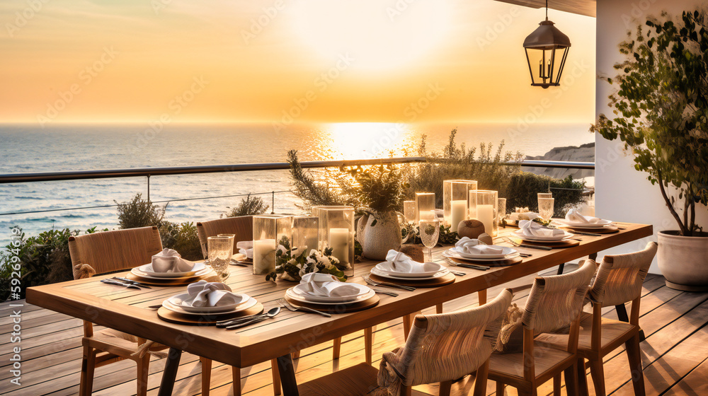 An enchanting image of a sophisticated outdoor dining area, set against a stunning ocean backdrop for the ultimate summer indulgence