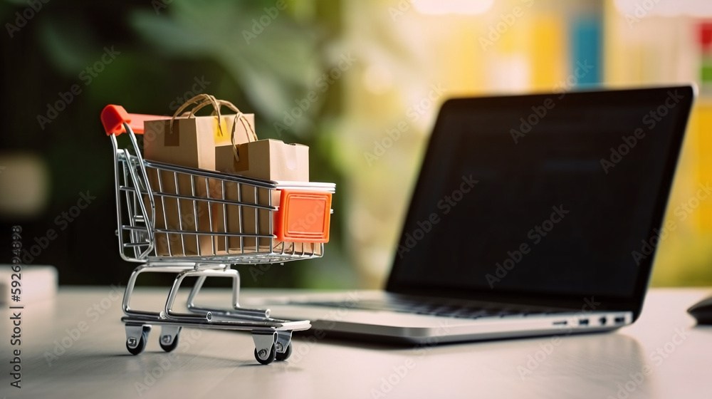 Product package boxes in cart with shopping bag and laptop computer for online shopping and delivery concept
