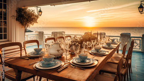 An enchanting image of a sophisticated outdoor dining area, set against a stunning ocean backdrop for the ultimate summer indulgence