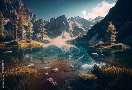 Alps summer landscape with a crystal clear mountain lake. Generative AI