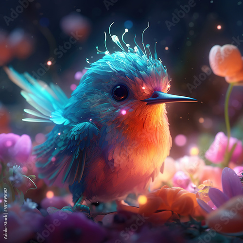 Illustration of a hummingbird with flower. Generative AI. © Absent Satu