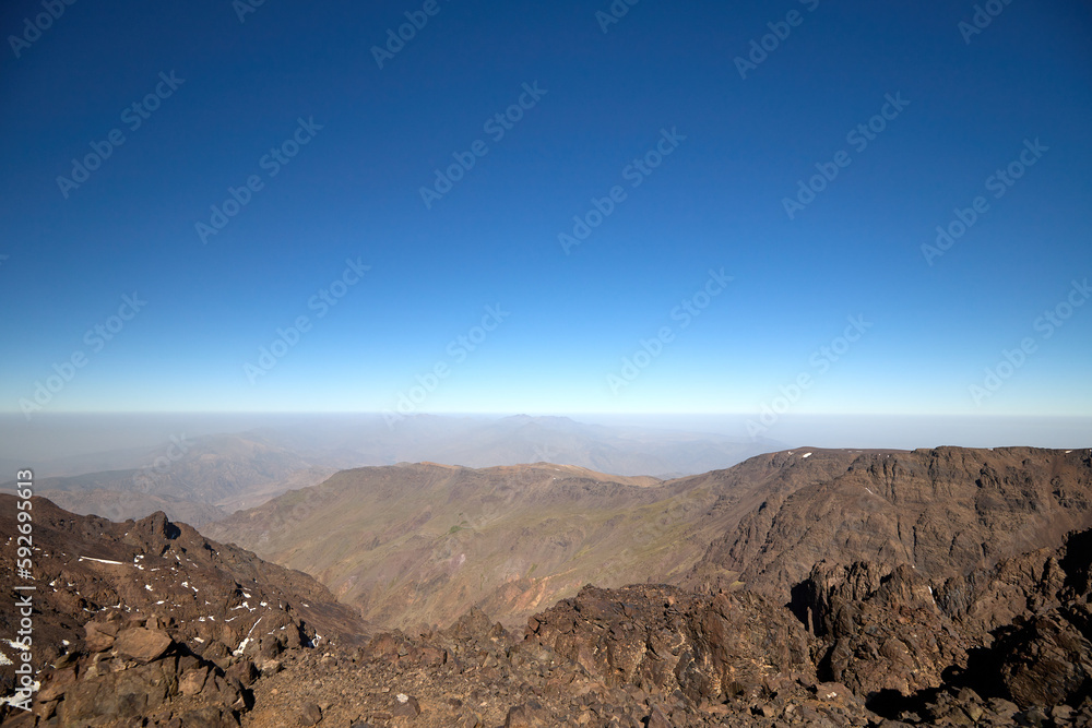 Panoramic view from the highest peak Toubkal in Atlas mountain - Morocco, 4167 m.