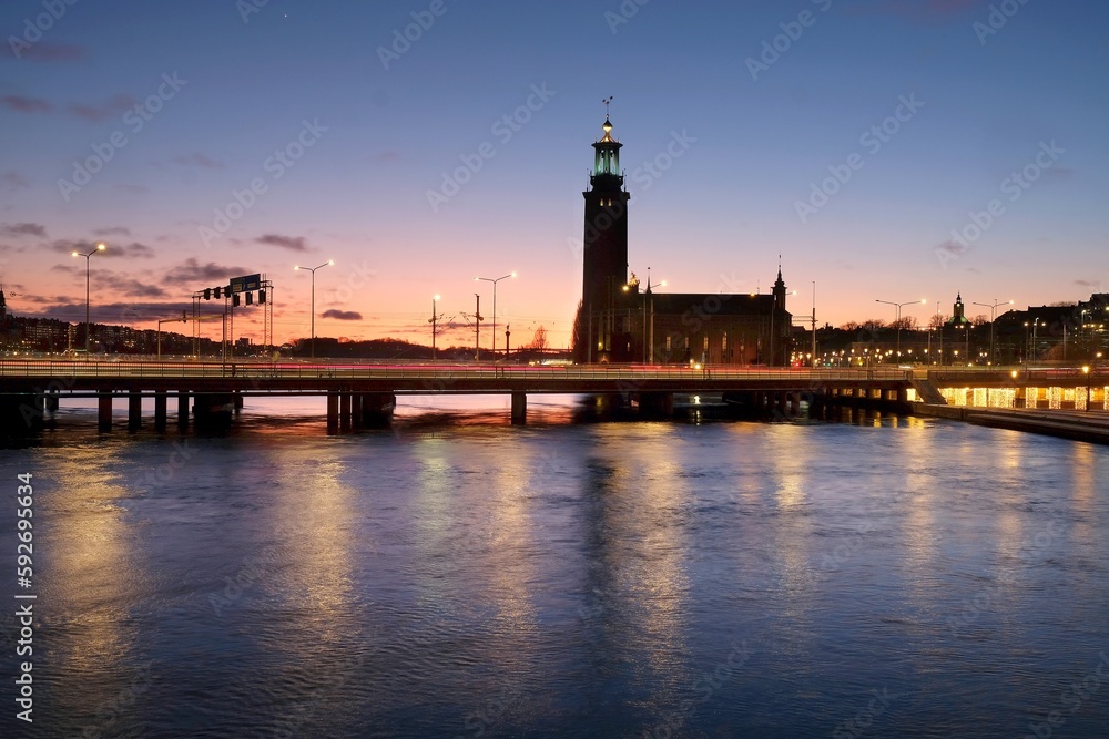 Beautiful panorama of illuminated Stockholm by night, waterfront view.  Sweden