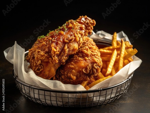 Close-Up of Succulent Fried Chicken Thigh Drenched in Sauce, High-Quality Food Photography
