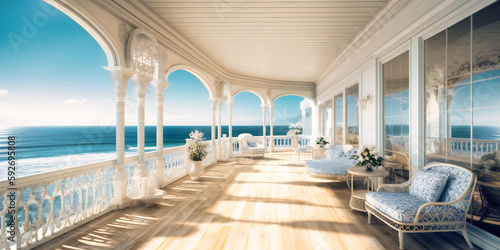 A serene, airy terrace of a grand summer home with an idyllic ocean view and luxurious ambiance