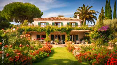 A breathtaking image of an opulent summer villa rental  showcasing its elegant architecture and gorgeous landscaped gardens