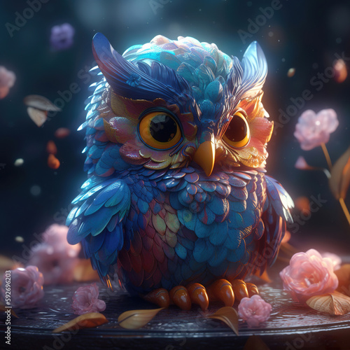 Illustration of a owl with flower. Generative AI.