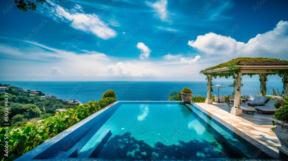 A mesmerizing image of a luxurious villa rental's terrace, highlighting its stunning infinity pool, lounge area, and panoramic views