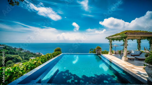 A mesmerizing image of a luxurious villa rental s terrace  highlighting its stunning infinity pool  lounge area  and panoramic views