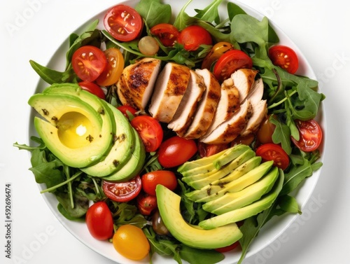 Delicious salad with fresh greens and sliced avocado.