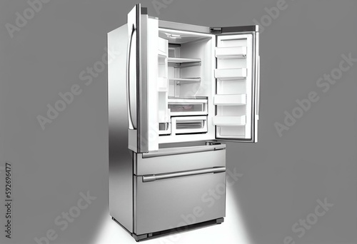 Three Door Refrigerator with Food Isolated on White Background. Side View of Stainless Steel Counter-Depth Side by Side French Door 3-Door Fridge Freezer. Kitchen and Major Domestic. Generative AI