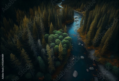 Lush Boreal Forest, flowing river woods landscape, old spruce, fir and pine aerial top view. Generative AI