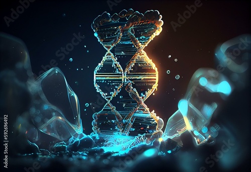 DNA hologram on background, biotechnology and genetic concept. Multiexposure. Generative AI
