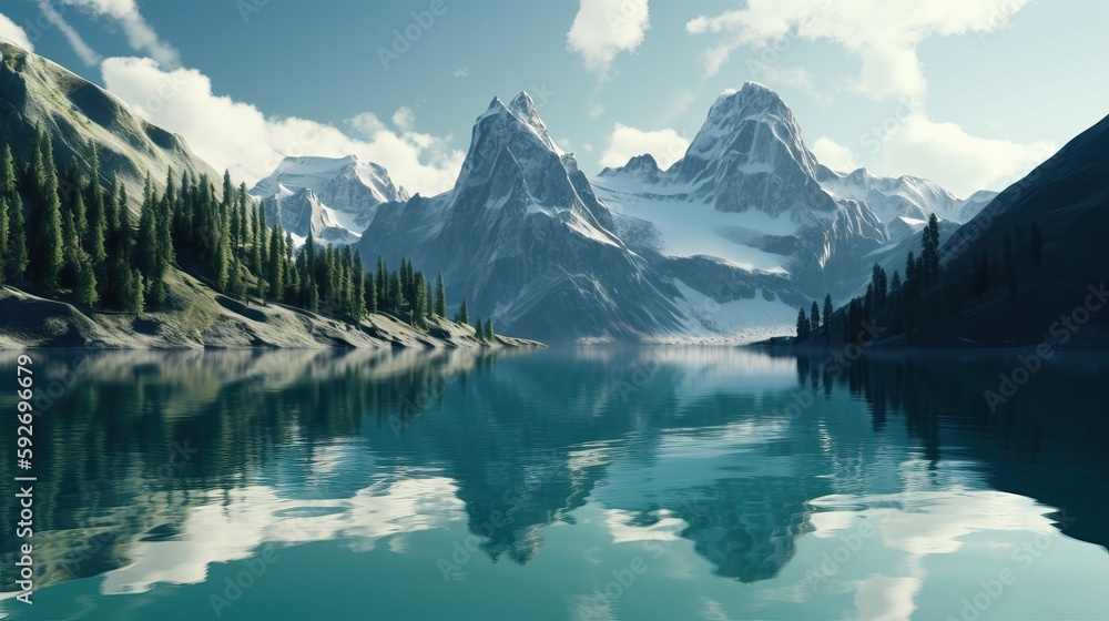 Beautiful mountain reflection on the water. Generative AI