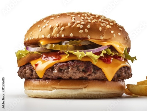 Dropdown shot of a prepared cheeseburger with delicious toppings, mouth-watering visual, high-quality image.