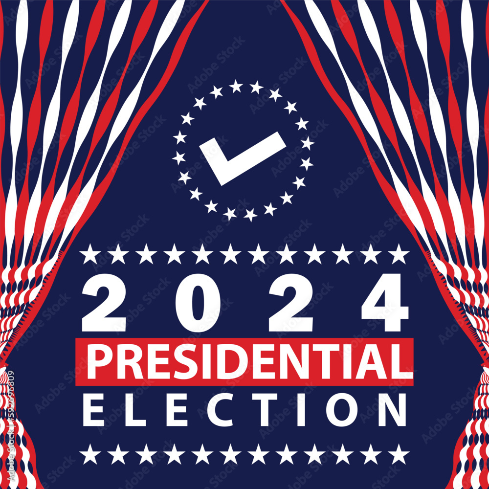 American elections 2024 horizontal banner design background with United States flag theme elements such as red and white stripes, stars and blue background and typography.