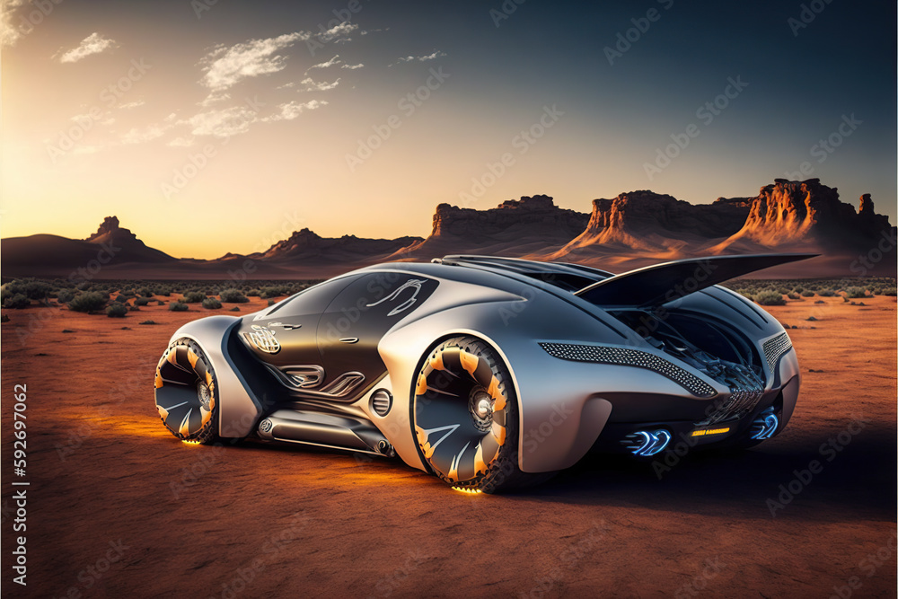 Ilustración de un coche futurista atravesando un paisaje desértico. Generative AI