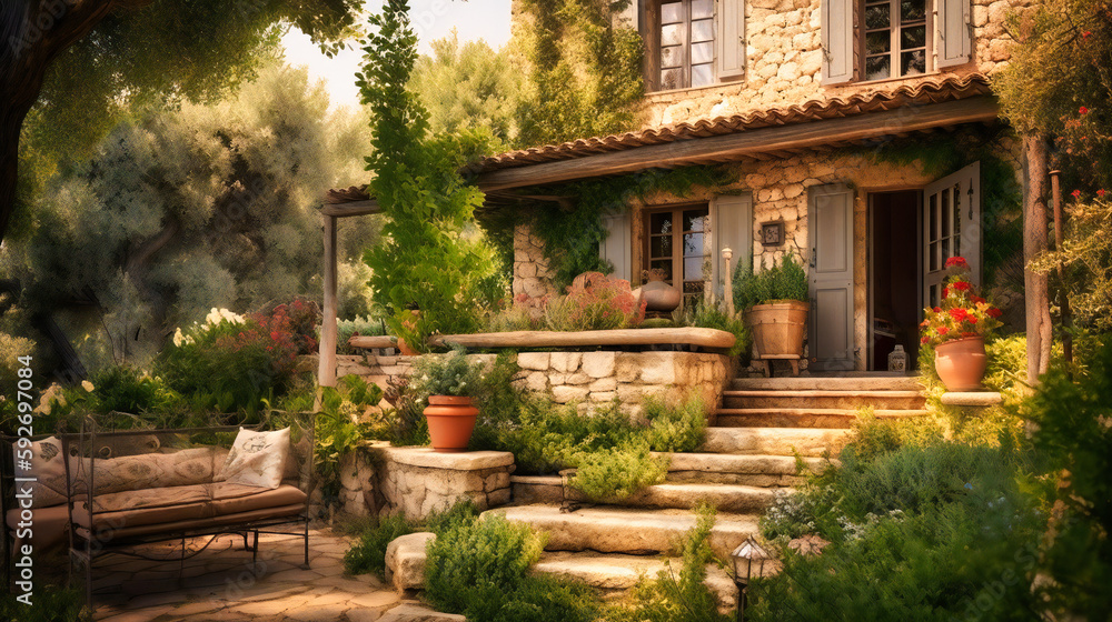 An idyllic image of a charming, rustic-style villa surrounded by a lush garden, evoking a sense of peacefulness and nostalgia