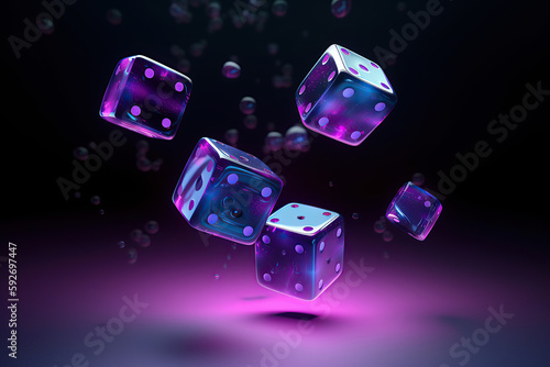 Futuristic floating neon dice, Glowing and full of energy, Casino gambling dice roll concept, 3D render, created with Generative AI
