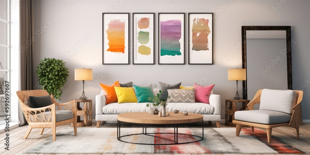 Fototapeta premium A modern living room with a picture frame on the wall. Generative AI