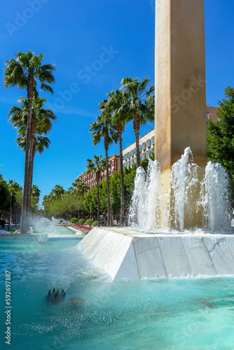 Peaceful fountains on Rambla street in Almeria, Spain on March 19, 2023